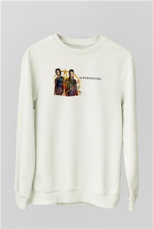 Supernatural Baskılı Beyaz Unisex Sweatshirt