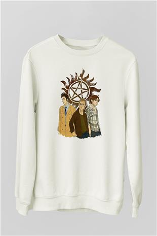 Supernatural Baskılı Beyaz Unisex Sweatshirt