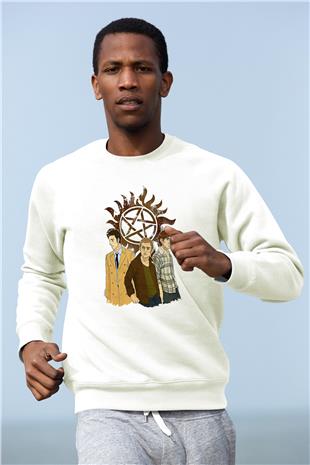 Supernatural Baskılı Beyaz Unisex Sweatshirt