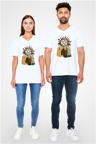 Supernatural Baskılı Beyaz Unisex V Yaka Tişört - Tshirt