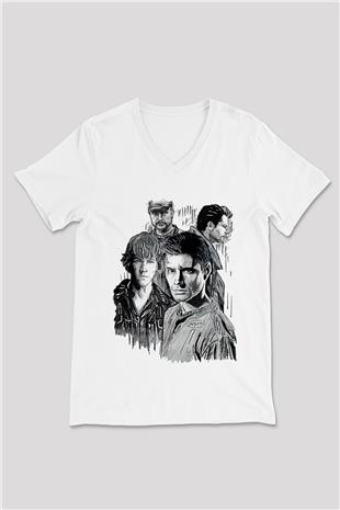 Supernatural Baskılı Beyaz Unisex V Yaka Tişört - Tshirt