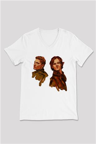 Supernatural Baskılı Beyaz Unisex V Yaka Tişört - Tshirt