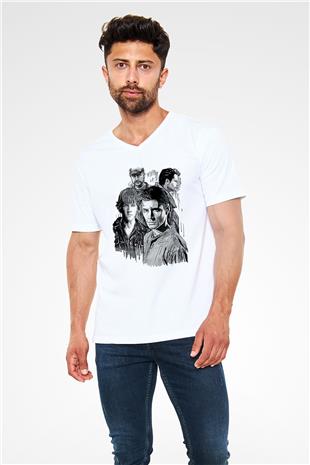 Supernatural Baskılı Beyaz Unisex V Yaka Tişört - Tshirt