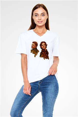 Supernatural Baskılı Beyaz Unisex V Yaka Tişört - Tshirt