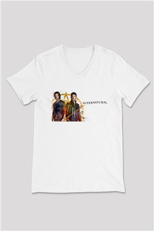 Supernatural Baskılı Beyaz Unisex V Yaka Tişört - Tshirt