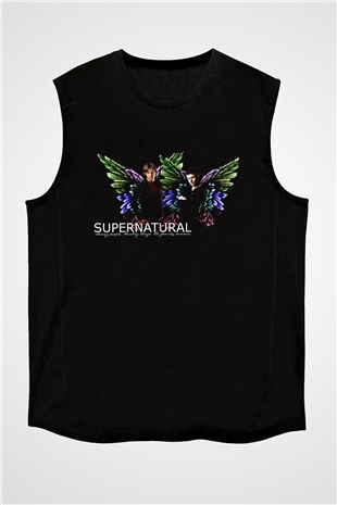 Supernatural Baskılı Unisex Siyah Kolsuz Tişört - Tshirt