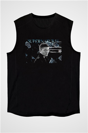 Supernatural Baskılı Unisex Siyah Kolsuz Tişört - Tshirt