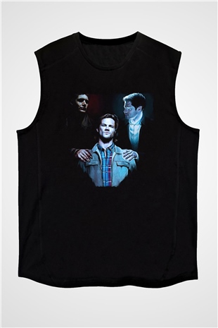 Supernatural Baskılı Unisex Siyah Kolsuz Tişört - Tshirt
