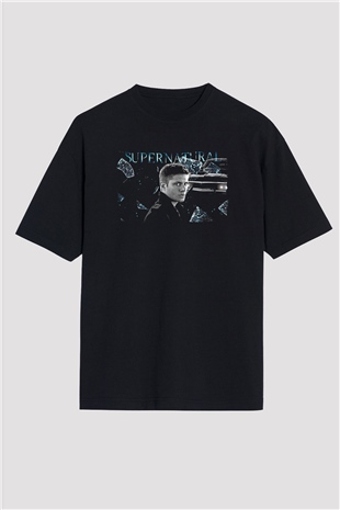 Supernatural Baskılı Unisex Siyah Oversize Tişört - Tshirt