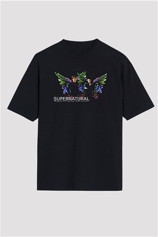 Supernatural Baskılı Unisex Siyah Oversize Tişört - Tshirt