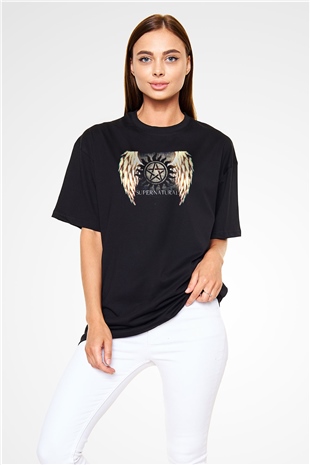 Supernatural Baskılı Unisex Siyah Oversize Tişört - Tshirt