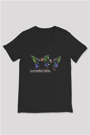 Supernatural Baskılı Unisex Siyah V Yaka Tişört - Tshirt