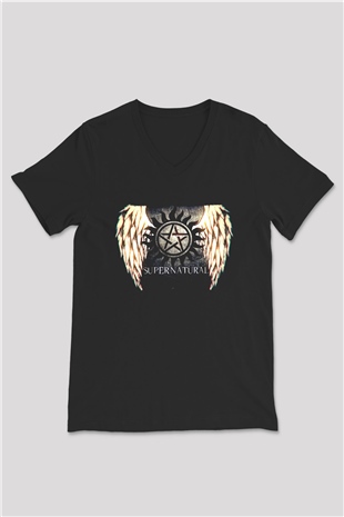 Supernatural Baskılı Unisex Siyah V Yaka Tişört - Tshirt