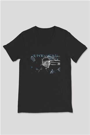 Supernatural Baskılı Unisex Siyah V Yaka Tişört - Tshirt