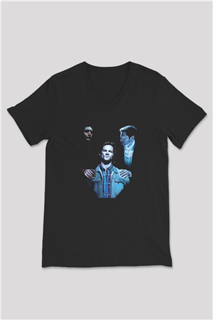 Supernatural Baskılı Unisex Siyah V Yaka Tişört - Tshirt