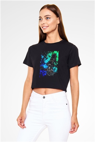Süpürgeli Cadı Baskılı  Siyah  Crop Top Tişört