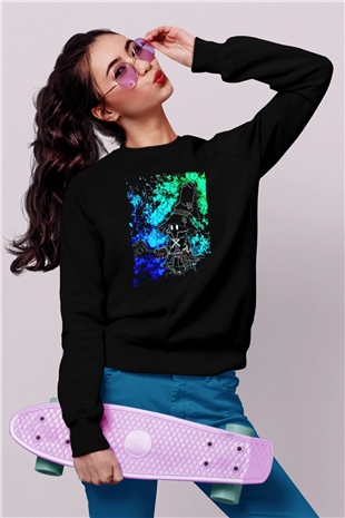 Süpürgeli Cadı Baskılı Unisex Siyah  Sweatshirt