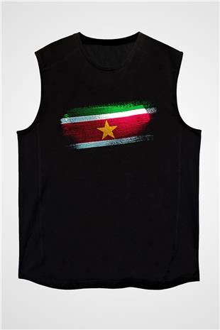 Surinam - Suriname Bayrağı Baskılı Unisex Siyah Kolsuz Tişört