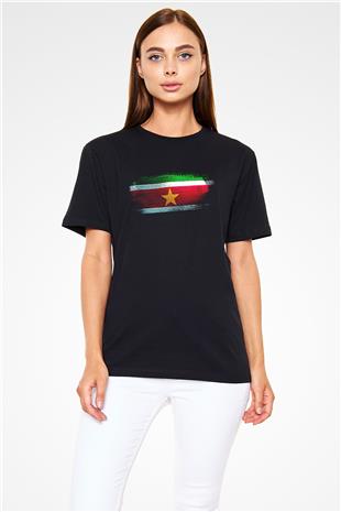 Surinam - Suriname Bayrağı Baskılı Unisex Siyah Tişört