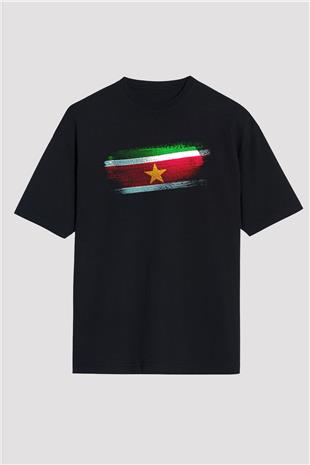 Surinam - Suriname Bayrağı Baskılı Unisex Siyah Oversize Tişört