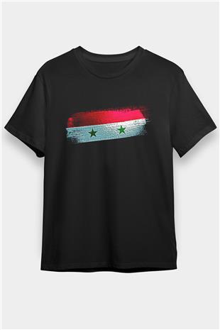 Suriye - Syria Bayrağı Baskılı Unisex Siyah Tişört