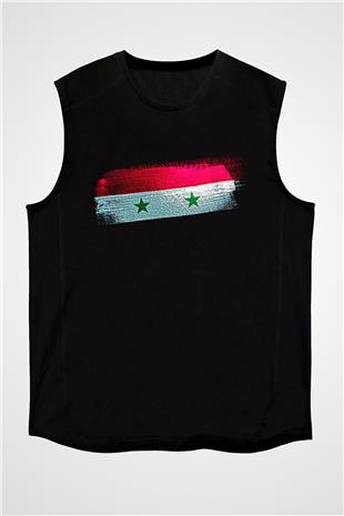 Suriye - Syria Bayrağı Baskılı Unisex Siyah Kolsuz Tişört