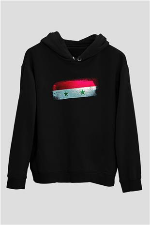 Suriye - Syria Bayrağı Baskılı Unisex Siyah Kapüşonlu Sweatshirt