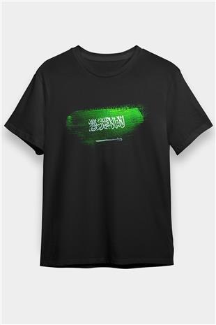 Suudi Arabistan - Saudi Arabia Bayrağı Baskılı Unisex Siyah Tişört