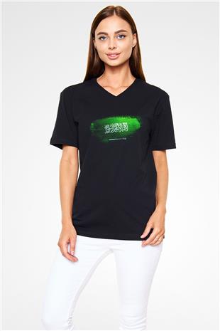 Suudi Arabistan - Saudi Arabia Bayrağı Baskılı Unisex Siyah V Yaka Tişört