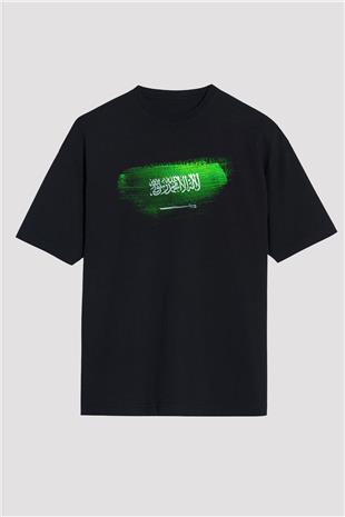 Suudi Arabistan - Saudi Arabia Bayrağı Baskılı Unisex Siyah Oversize Tişört