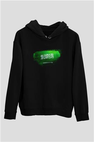 Suudi Arabistan - Saudi Arabia Bayrağı Baskılı Unisex Siyah Kapüşonlu Sweatshirt
