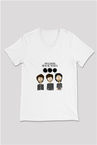Swedish House Mafia Baskılı Beyaz V Yaka Unisex Tişört