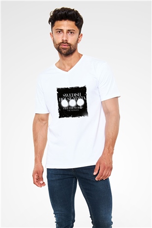 Swedish House Mafia Baskılı Beyaz V Yaka Unisex Tişört