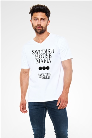 Swedish House Mafia Beyaz Unisex V Yaka Tişört T-Shirt