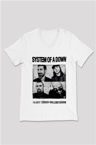 System of a Down Beyaz Unisex V Yaka Tişört T-Shirt