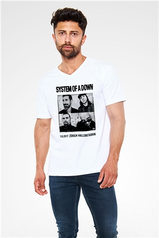 System of a Down Beyaz Unisex V Yaka Tişört T-Shirt