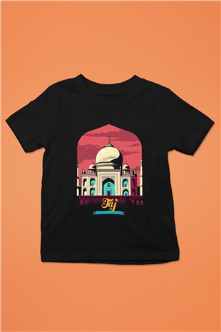 Tac Mahal Baskılı Siyah Unisex Çocuk Tişört