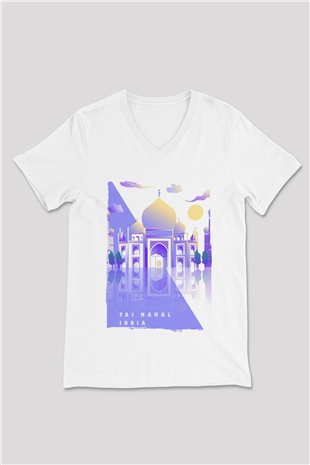 Tac Mahal Beyaz Unisex V Yaka Tişört