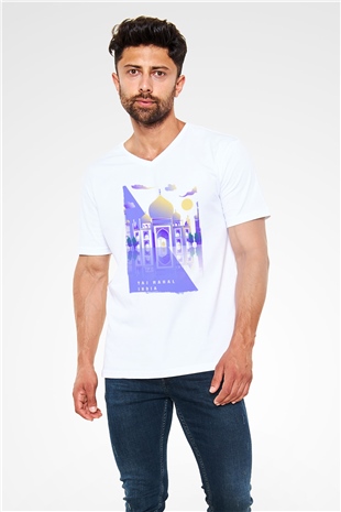 Tac Mahal Beyaz Unisex V Yaka Tişört