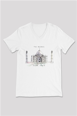 Tac Mahal Beyaz Unisex V Yaka Tişört