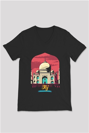 Tac Mahal Siyah Unisex V Yaka Tişört T-Shirt