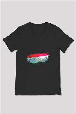 Tacikistan - Tajikistan Bayrağı Baskılı Unisex Siyah V Yaka Tişört