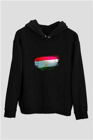 Tacikistan - Tajikistan Bayrağı Baskılı Unisex Siyah Kapüşonlu Sweatshirt
