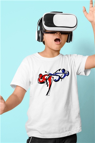 Taekwondo Baskılı Beyaz Unisex Çocuk Tişört