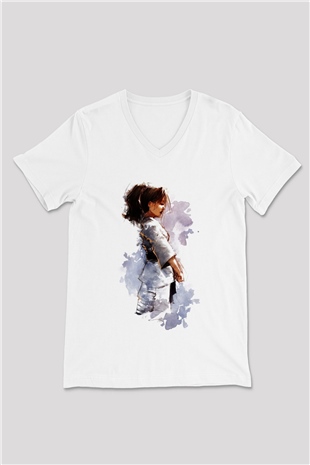 Taekwondo Beyaz Unisex V Yaka Tişört T-Shirt