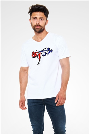 Taekwondo Beyaz Unisex V Yaka Tişört T-Shirt
