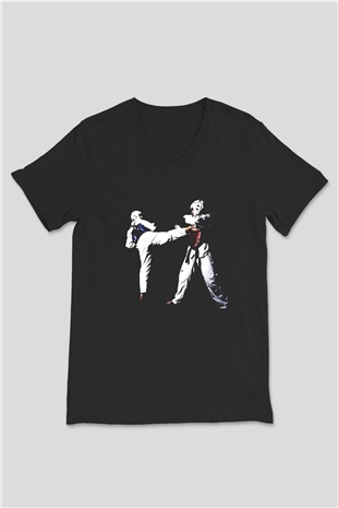 Taekwondo Siyah Unisex V Yaka Tişört T-Shirt