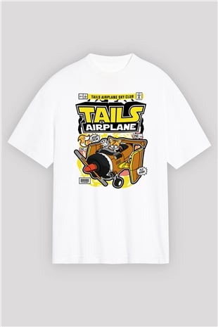 Tails Airplane  Baskılı Unisex Beyaz Oversize Tişört