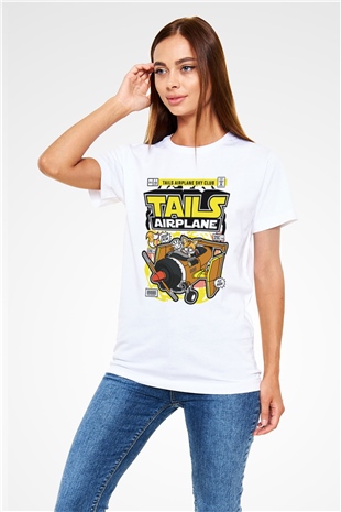 Tails Airplane  Baskılı Unisex Beyaz Tişört