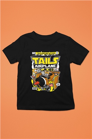 Tails Airplane Baskılı Unisex Siyah Çocuk Tişört